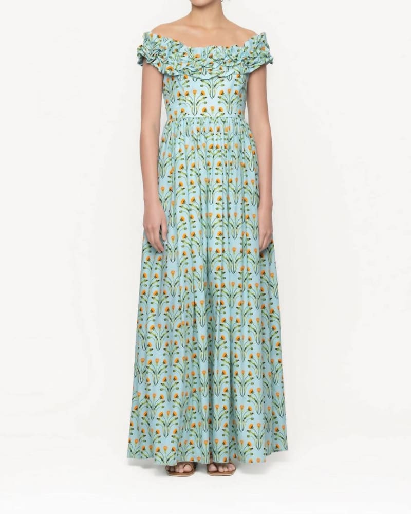 Front of a model wearing a size L Espliego Diente De Leon Amanecer Maxi Dress In Blue in Blue by AGUA BENDITA. | dia_product_style_image_id:346353